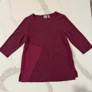 Chicos Burgundy Wine Textured Stripe 3/4 Sleeve Top Women’s Size 1 (Medium)